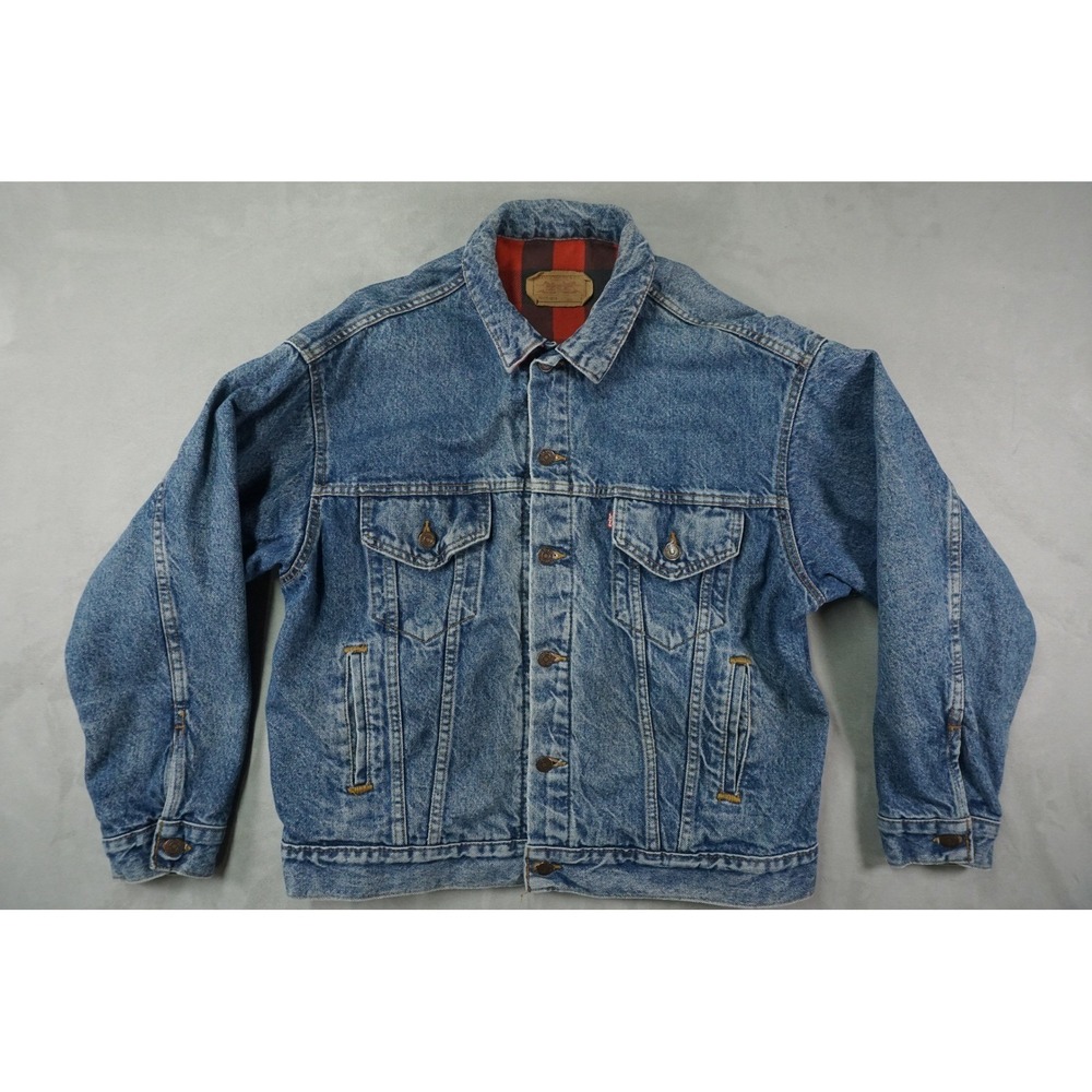 Vintage Levis Denim Trucker Jacket Mens Large Red Buffalo Plaid Lined USA 80s